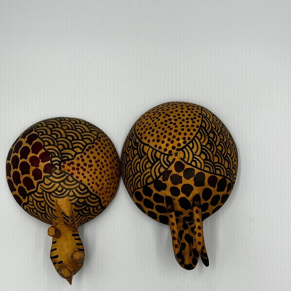 Hand Carved Wooden African Animal Bowls Giraffe Zebra Decorative Dish Set 2pc‎